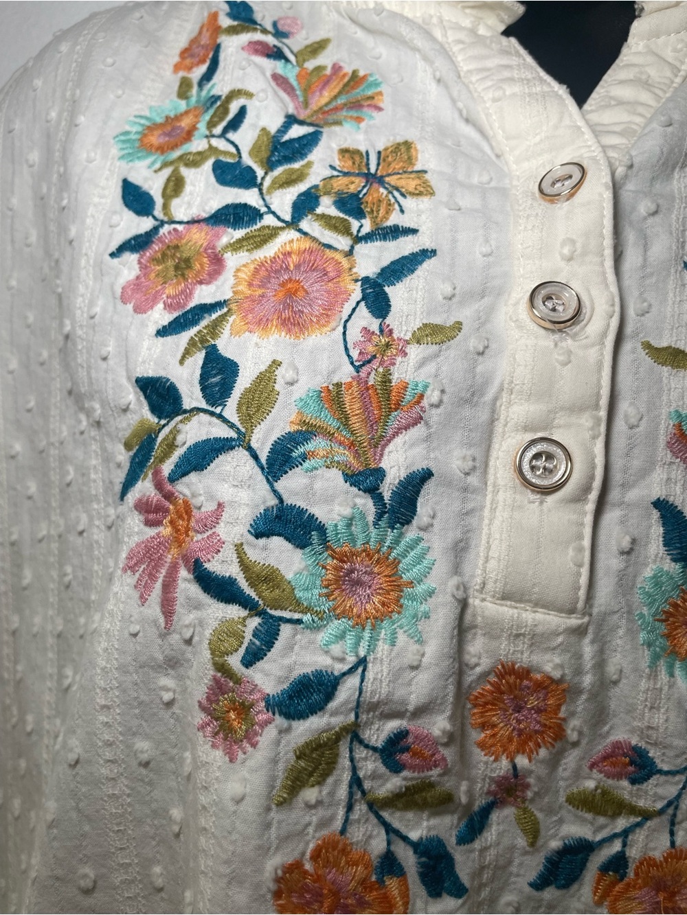 Women’s L Ivory Floral Embroidered Cotton Blouse Boho Ruffle Tunic Top - Picture 6 of 8